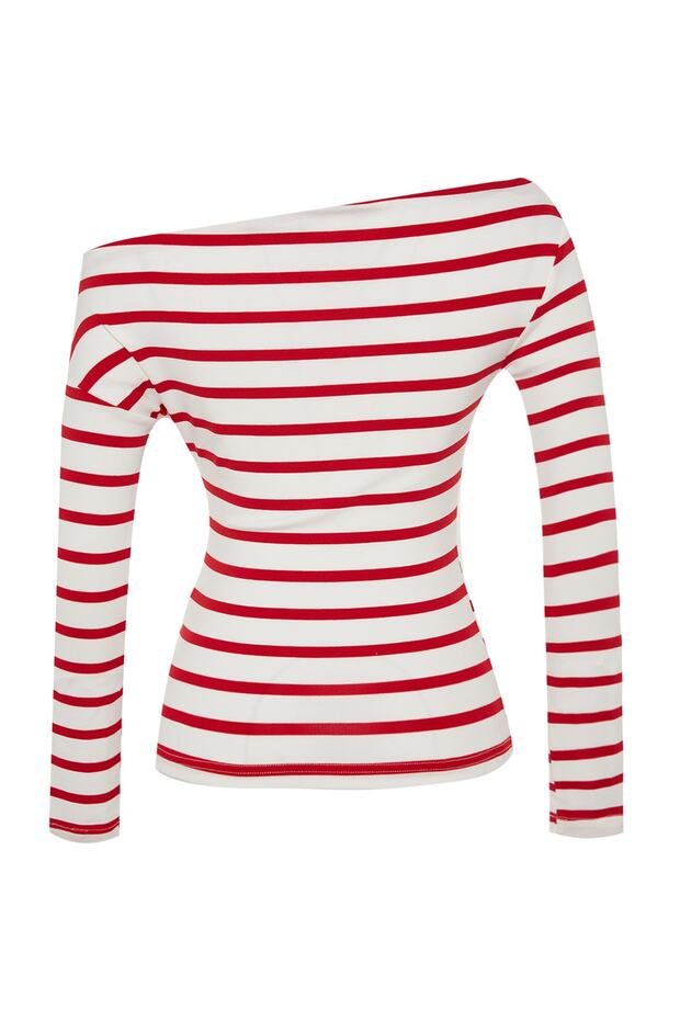 Kırmızı Çizgili Yumuşak Kumaşlı Fitted/Vücuda Oturan Kayık Yaka Örme Bluz TWOAW24BZ00227 - 9