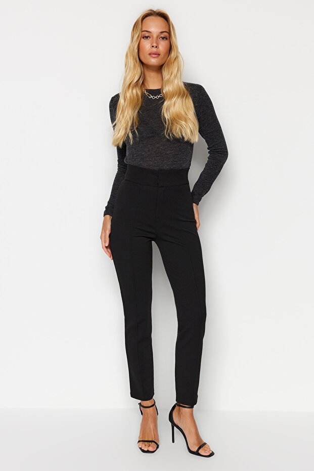 Siyah Toparlayıcı Yüksek Bel Nervürlü Beli Lastikli Slim Fit Kalın Örme Pantolon TWOAW24PL00114 - 1