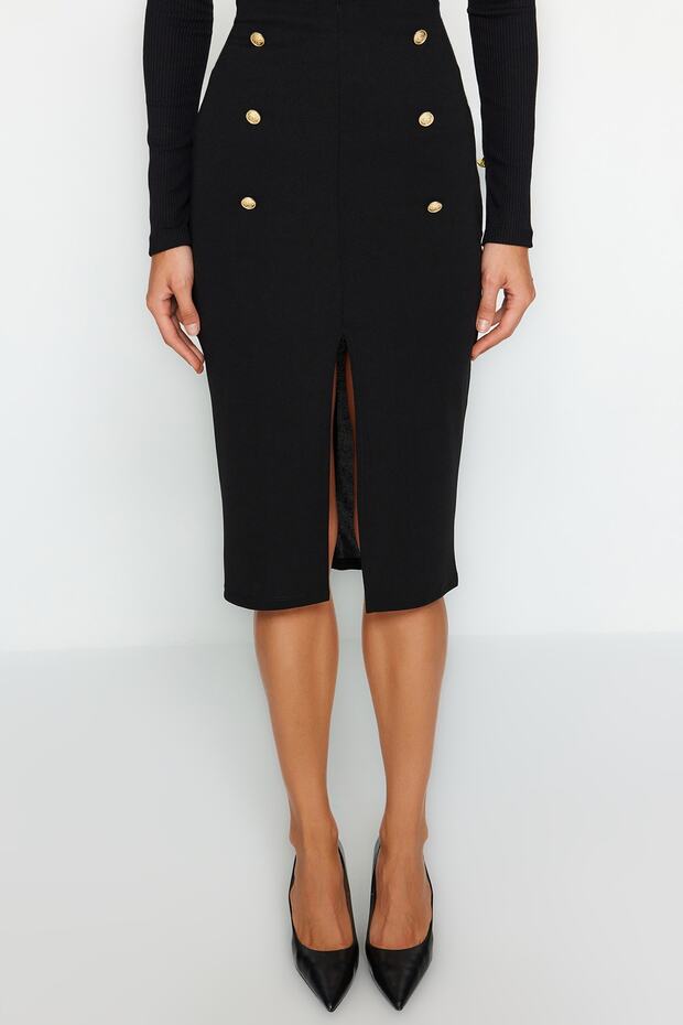 Black Smart Scuba Crepe Buttoned Midi Slit Stretchy Knitted Skirt Twoaw24Et00161 - 3