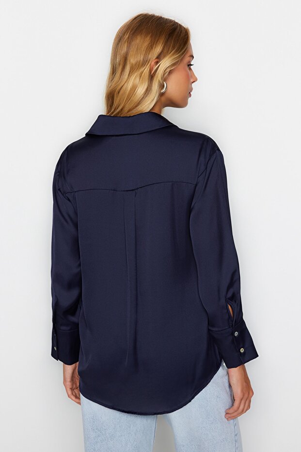 Lacivert Oversize/Geniş Kalıp Saten Dokuma Gömlek TWOAW24GO00211 - 6