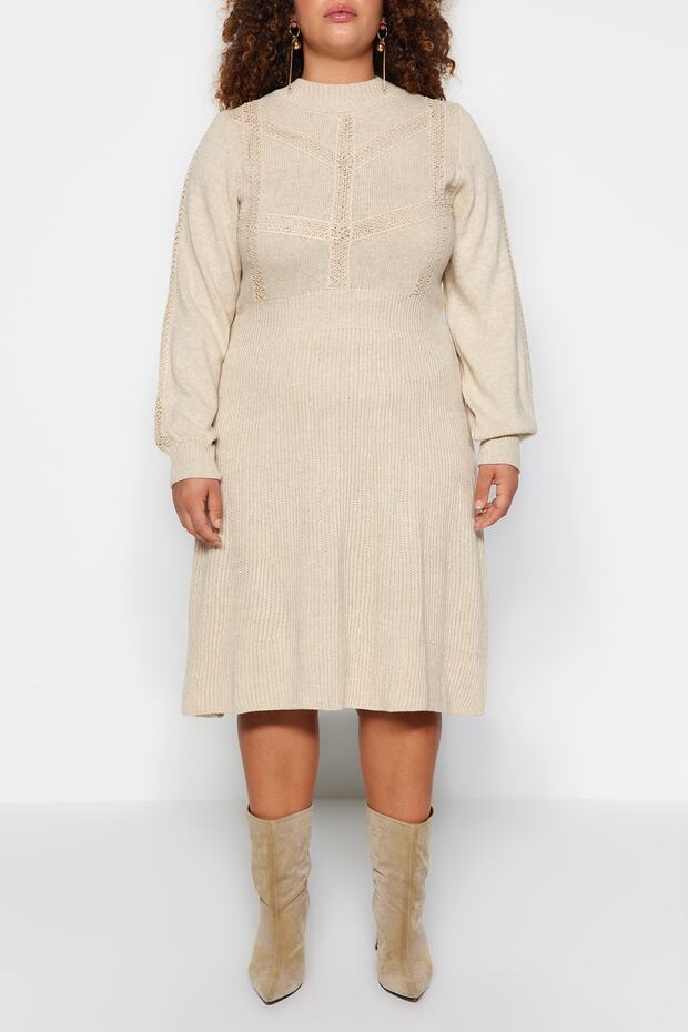 Béžové pletené podrobné žebrované šaty pro větší velikost a těhotenské pletené šaty Tbbaw24Ah00018 - 13