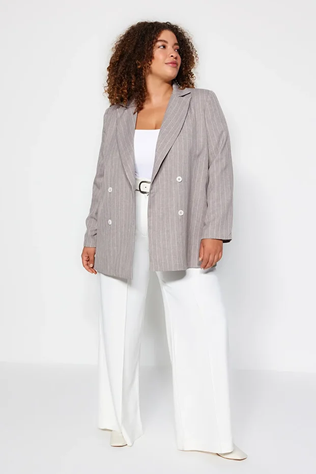 Plus Size Gray Striped Double Breasted Jacket - Double Coverage and Lining TBBAW24AG00001 - 1