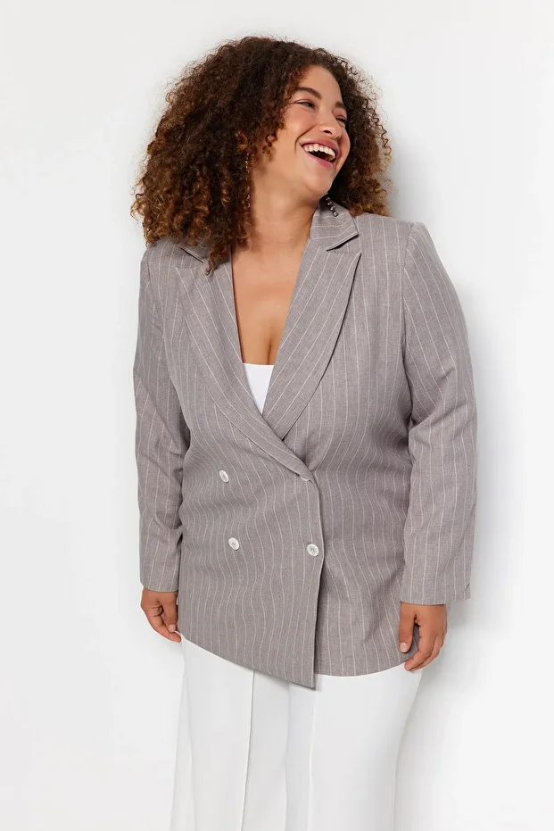 Plus Size Gray Striped Double Breasted Jacket - Double Coverage and Lining TBBAW24AG00001 - 3
