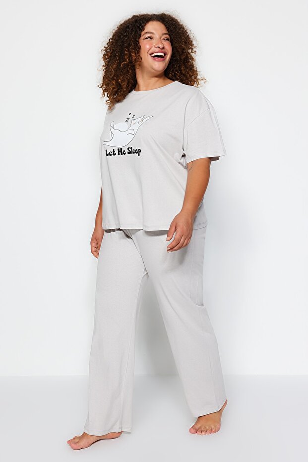 Açık Gri Baskılı Örme Pijama Takımı TBBAW24AI00003 - 2