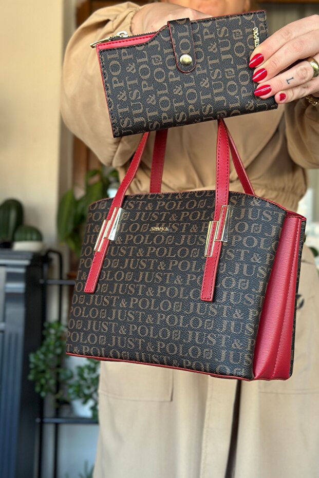 Women's Printed Patterned Shoulder Bag and Wallet Set 2066-Jp Red Combination -Gzd-