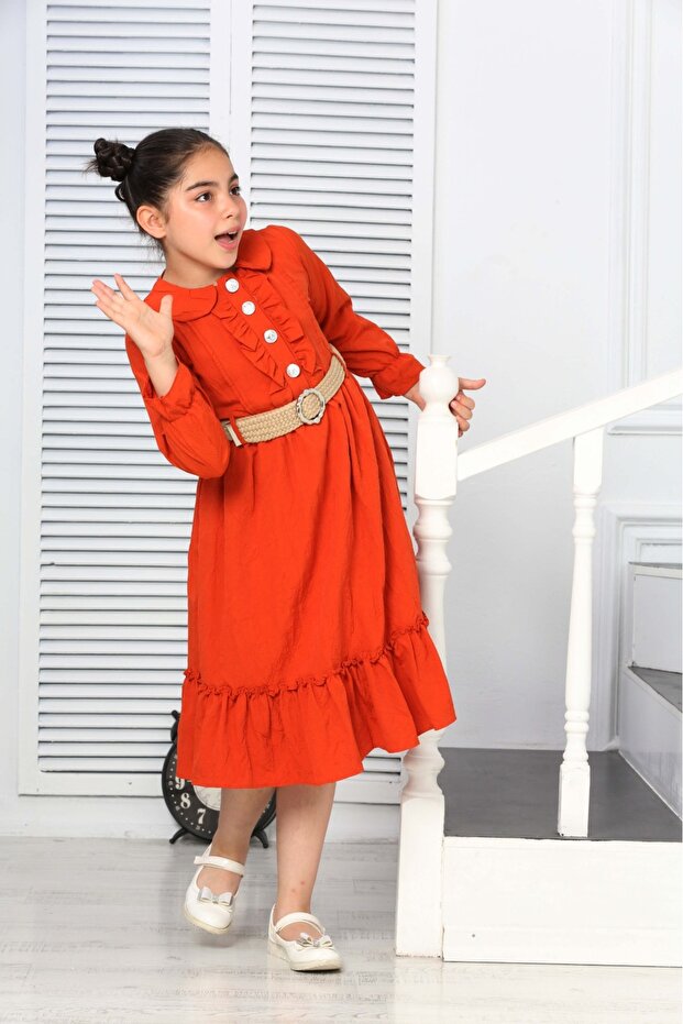 SHINY BUTTONS, BUTTON FRONT, LONG SLEEVE BELT DRESS