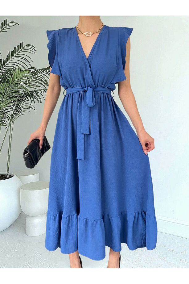 Omuzları Fırfırlı Sıfır Kol Beli Lastikli Bağcıklı Ayrobin Elbise -Koyu Mavi - 3