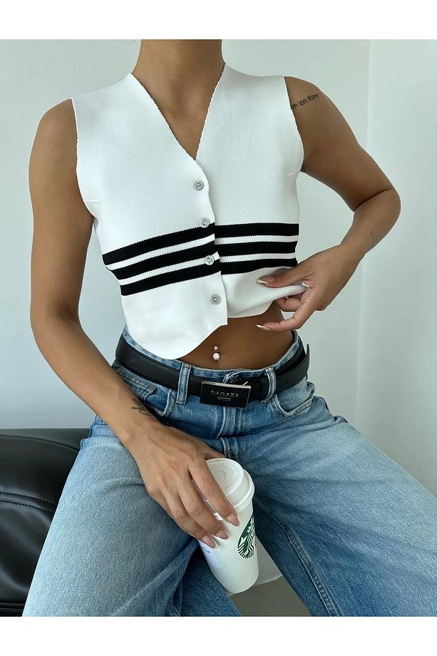 Çizgili Triko Crop Yelek Bluz Ekru - 1467.100 - 2