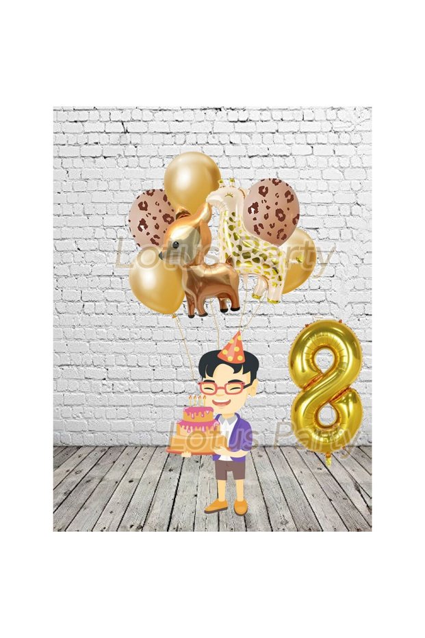 8 Years Safari Animal Themed Balloon Set Gazelle - Giraffe and Gold Number Foil Balloon Giraffe Printed Balloon