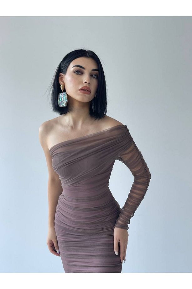 Tek Kol Drape Tül Siyah Elbise - 5