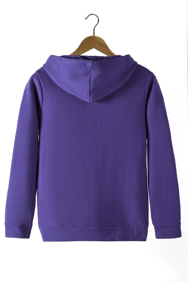 Ünisex Basic Slim Fit Kapüşonlu Fermuarlı Cepli Sweatshirt Mor Mor - 2