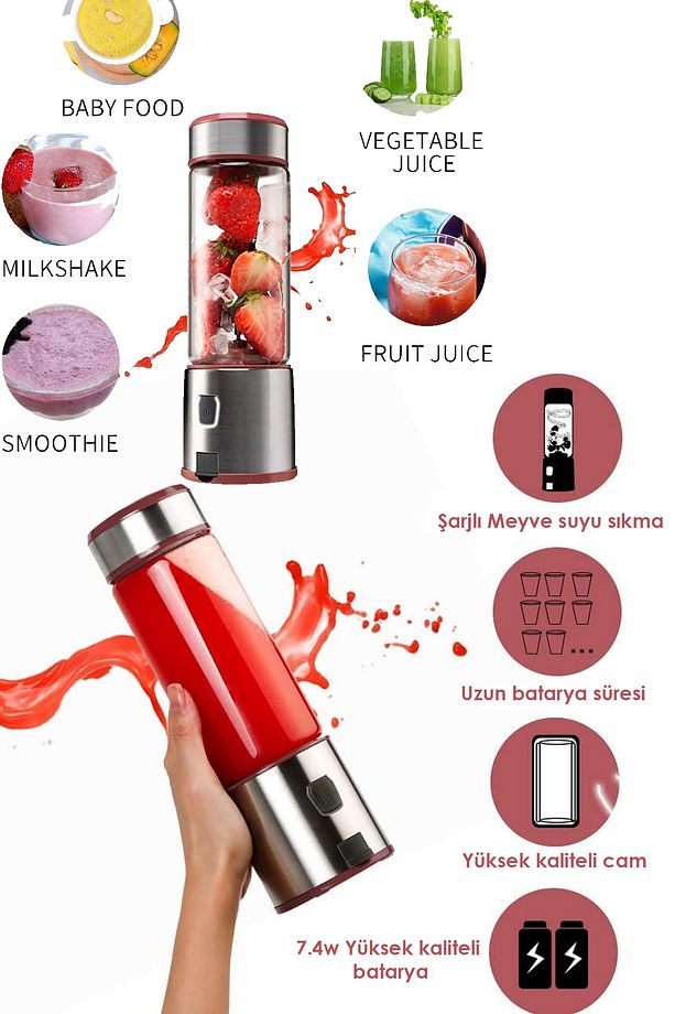 Taşınabilir Blender Cam Şişe Yüksek Isı Direnci Mini Şarj Edilebilir Kullanışlı Buz Kırma - 2