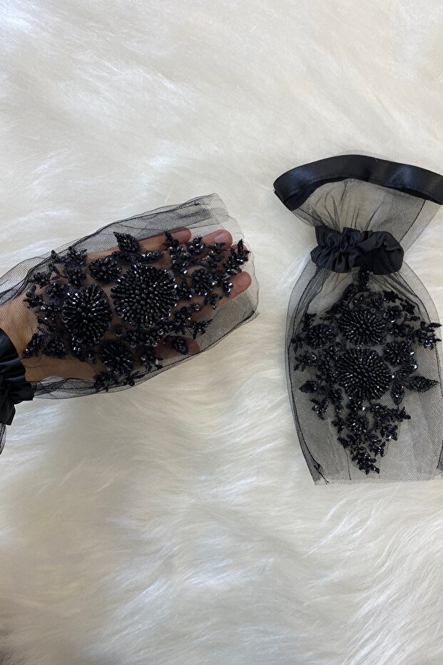 Black Vip Delux Bridal Gloves, Henna Gloves