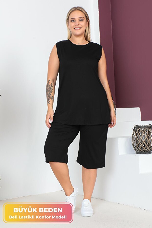 Plus Size Comfort Model Capri 2-Piece Suit with Elastic Waist and Pocket Capri Shorts Top-Top 2-Piece Set
