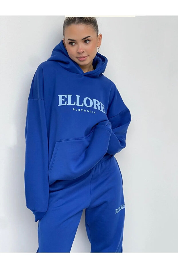 طقم بدلة رياضية بغطاء رأس ومطبوعة مقاس كبير "ELLORE" مكونة من 3 خيوط