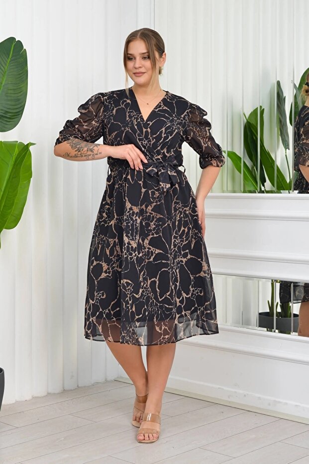 Plus Size Marble Patterned Chiffon Dress - 1