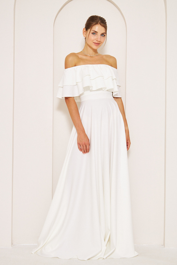 White Ruffle Collar Detail Off-the-Shoulder Draped Woven Fabric Maxi Length Flared Evening Dress