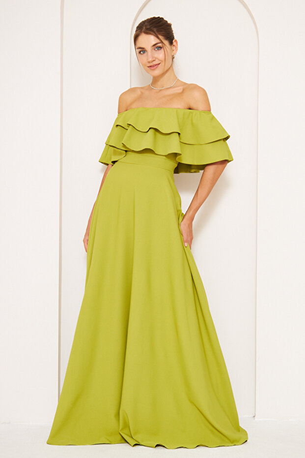 Pistachio Green Ruffle Collar Detail Off-the-Shoulder Flowing Woven Fabric Maxi Length Flared Evening Dress