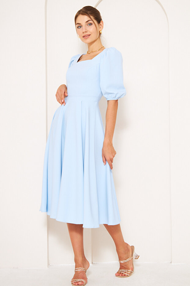Baby Blue Midi Length Balloon Sleeve Square Collar Short Elastic Sleeve Woven Draped Fabric Dress