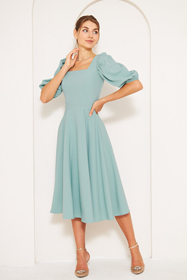 Mint Green Midi Length Balloon Sleeve Square Neck Short Elastic Sleeve Woven Draped Fabric Dress
