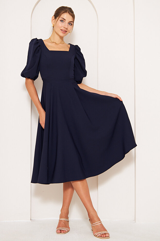 Navy Blue Midi Length Balloon Sleeve Square Neck Short Elastic Sleeve Woven Draped Fabric Dress