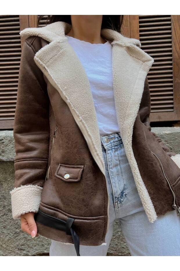 LEATHER SUEDE COAT WITH PLUSH INSIDE