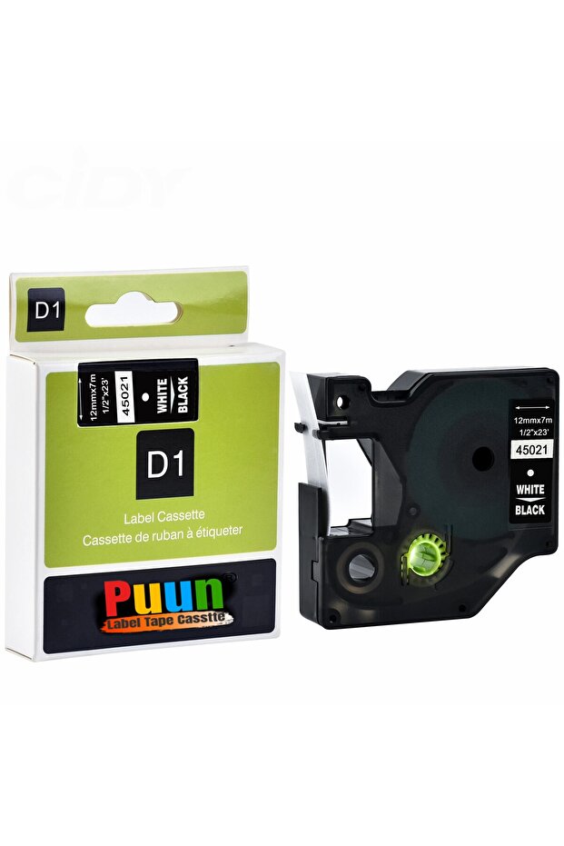 Dymo D1 45021 S0720610 12mm X 7 Mt. Compatible Equivalent Black Label White Text Ribbon Label Cassette