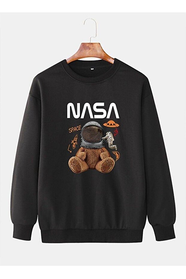 LUNAVISITA Unisex Oversize Black NASA Teddy Bear Printed Sweatshirt Bear
