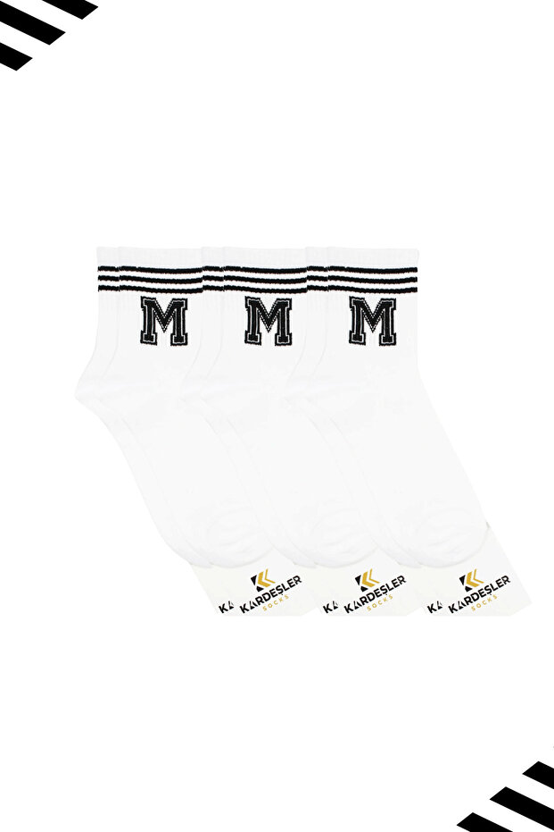Unisex Letter m Patterned Tennis Socks (Letter Socks) 3-Pack