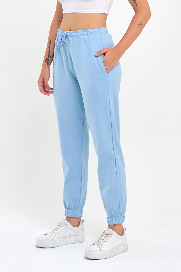 Kadın Açık Mavi Paçası Lastikli Basic Jogger Örme Eşofman Altı - 3