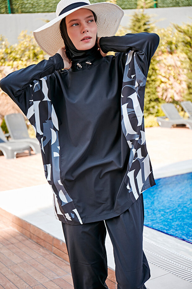 Parachute 3-Piece Black Patterned Fully Covered Hijab Swimsuit M2277