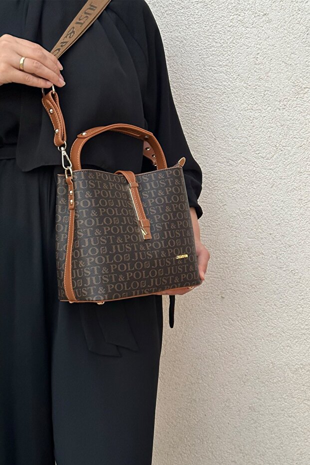 Brown Tan Print Patterned Waterproof 3 Compartment Women's Shoulder Bag 22x20cm PBU4002