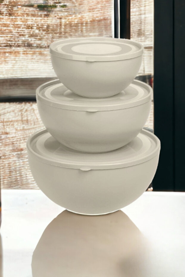 Kapaklı Yuvarlak Kase 3'lü Set Krem Renk (0,6l + 2,5l + 4l) - 2
