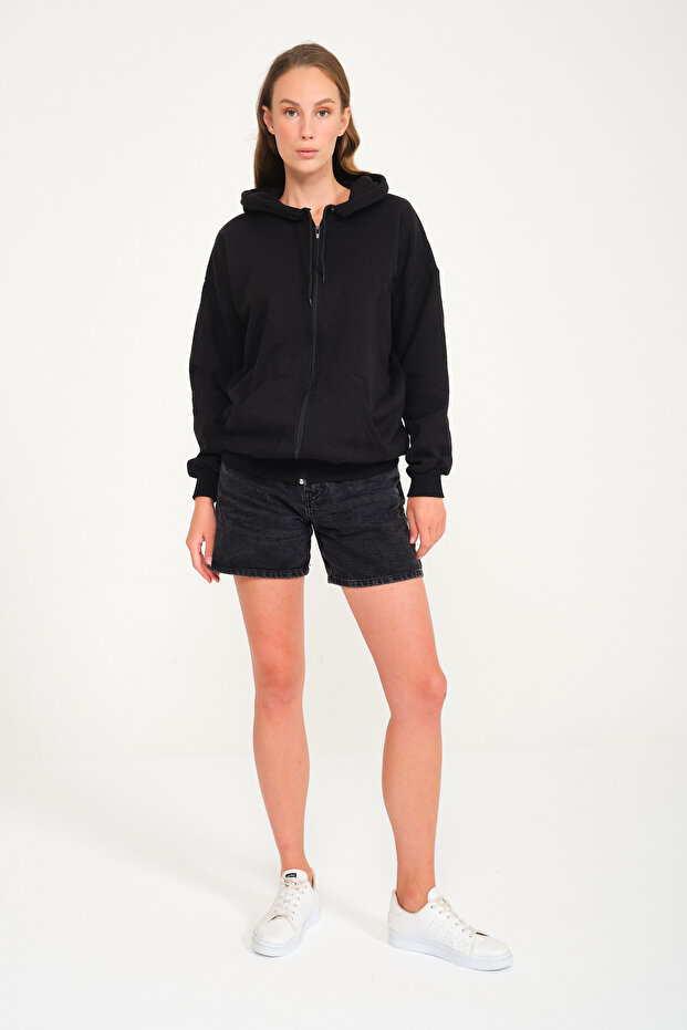 Unprinted Unisex Black Pocket Hooded Zipper Sweatshirt Cardigan