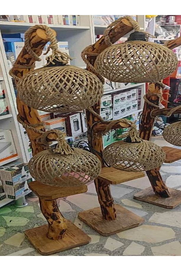 Ağaç Lambader Çift Küre 140 Cm Ahşap Lambader Kütük Köşe Aydınlatma Abajur - 4