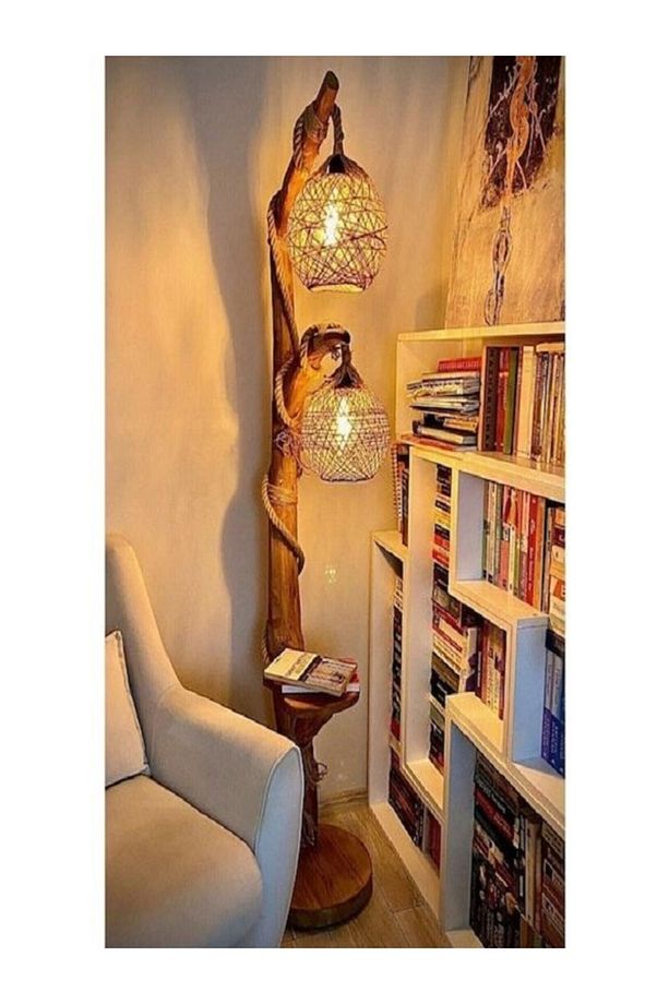 Ağaç Lambader Çift Küre 140 Cm Ahşap Lambader Kütük Köşe Aydınlatma Abajur - 3