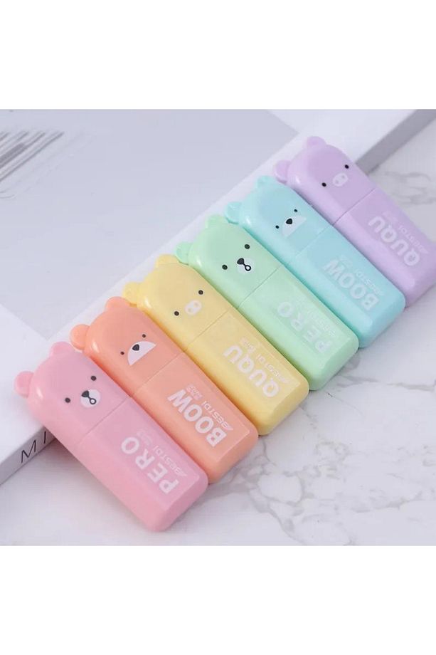 6 Lı Kutulu Sevimli Figürler Mini Fosforlu Kalem Seti Pastel Renkler - 1