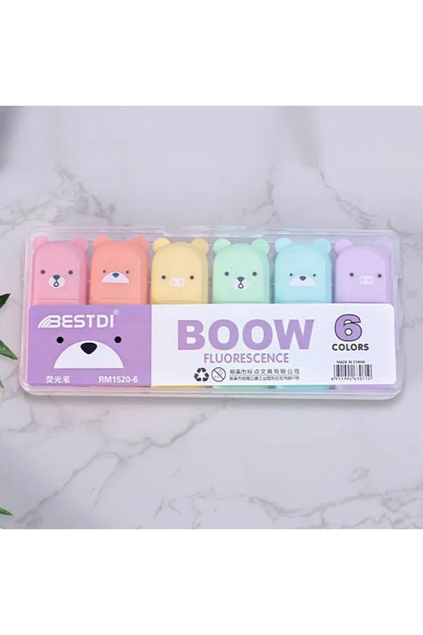 6 Lı Kutulu Sevimli Figürler Mini Fosforlu Kalem Seti Pastel Renkler - 2