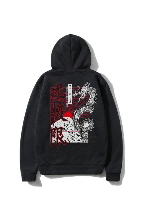 Unisex Black Hooded Sweatshirt Japondragon Back Printed