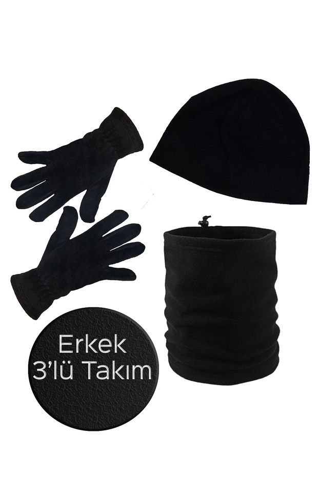 Men's Black Winter Thermal Fleece Gloves - Black Fleece Beret - Fleece String Neck Collar Set of 3