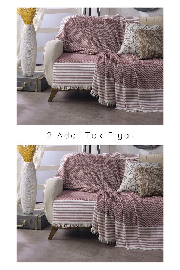 Olimpos Kiremit 2'li Koltuk Örtüsü 180 x 200 cm Kanepe Çekyat Divan Berjer Örtüsü Pamuklu Püsküllü - 1