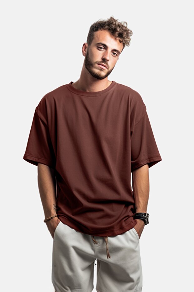 Kahverengi Oversize/Geniş Kesim %100 Pamuklu Kısa Kollu Basic T-Shirt TMNSS22TS0318 - 1