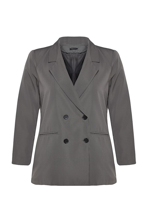 Gri Kruvaze Kapama Astarlı Büyük Beden Blazer Ceket TBBAW24AG00003 - 6
