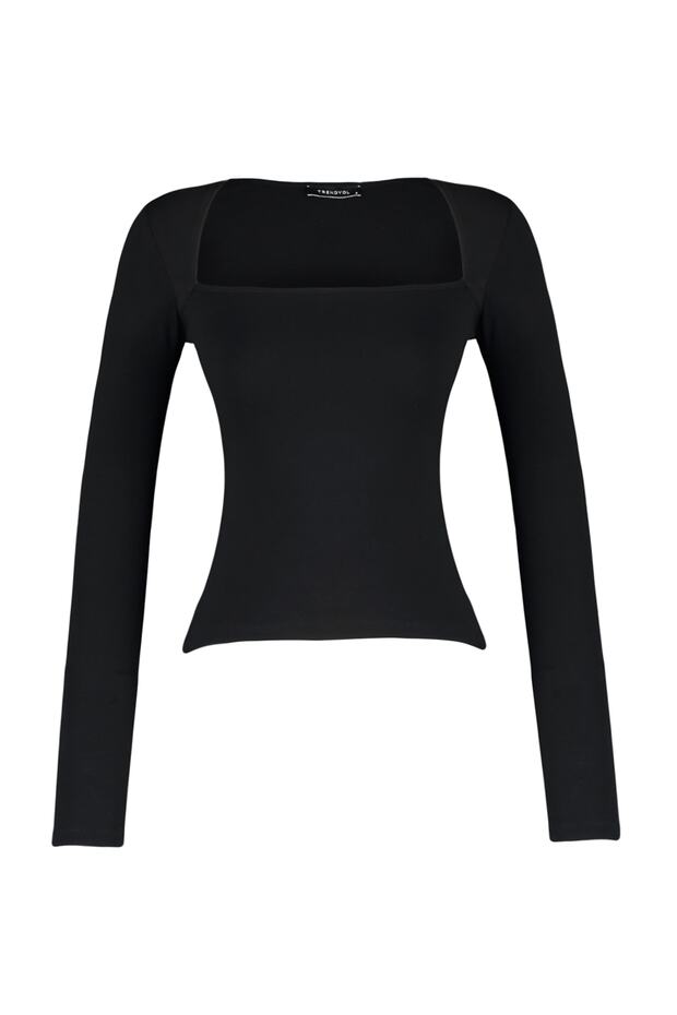 Siyah Pamuklu Esnek Kare Yaka Fitted/Vücuda Oturan Esnek Bluz TWOAW24BZ00165 - 6