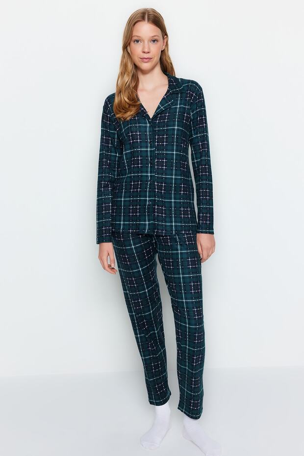 Yeşil Ekoseli Yumuşak Hissiyatlı Fırçalı Kumaş Uyku Bantlı Örme Pijama Takımı THMAW24PT00100 - 3