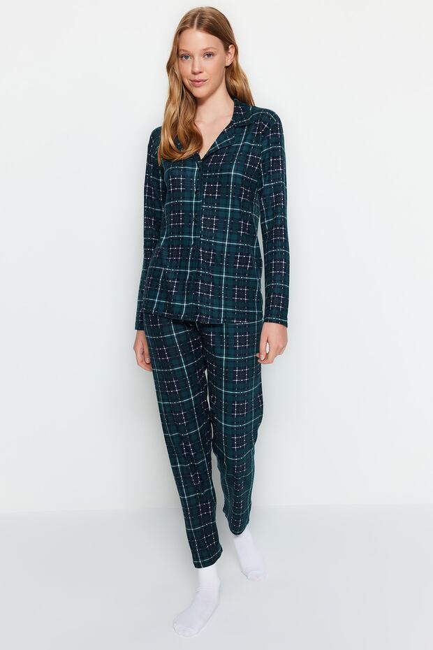 Yeşil Ekoseli Yumuşak Hissiyatlı Fırçalı Kumaş Uyku Bantlı Örme Pijama Takımı THMAW24PT00100 - 4