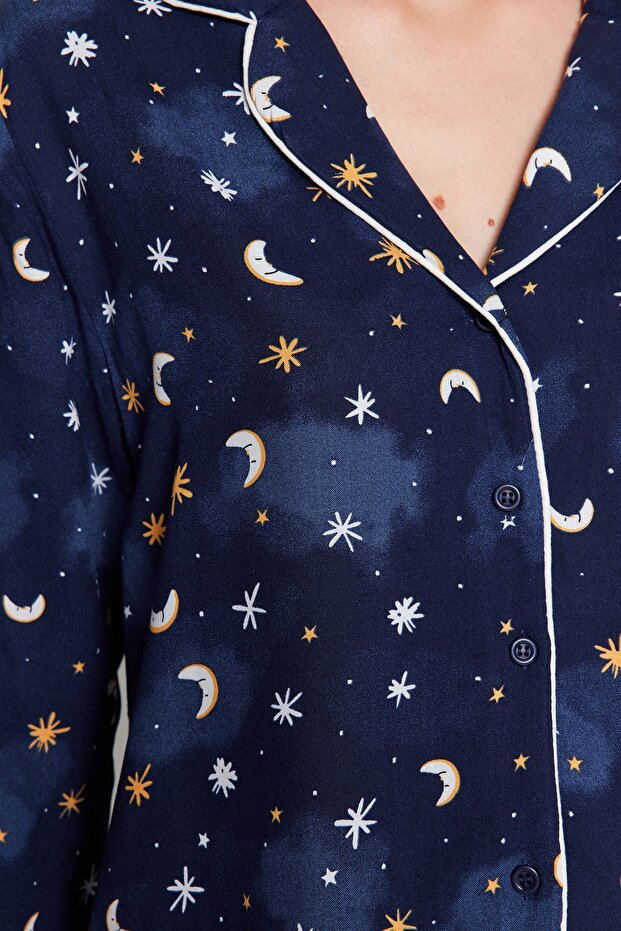 Indigo Galaksi Desenli Viskon Dokuma Pijama Takımı THMAW24PT00093 - 5