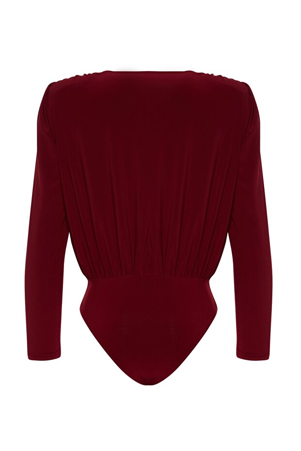 Bordo Kruvaze Yaka Gül Aksesuar Detaylı Body TPRAW24BD00012 - 8