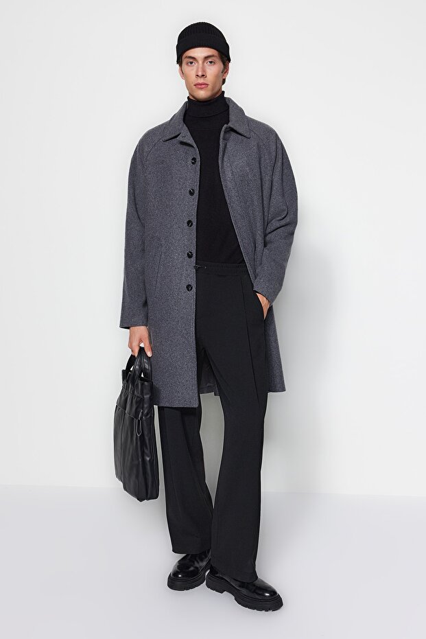 Uniszex antracit gyapjú kevert bélyegzős téli kabát - normál szabású TMNAW24KB00004 - 2