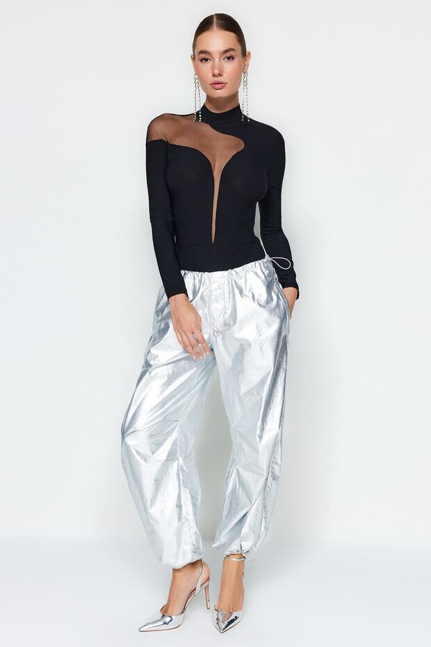 Siyah Transparan Detaylı Örme Tül Body TPRAW24BD00011 - 9